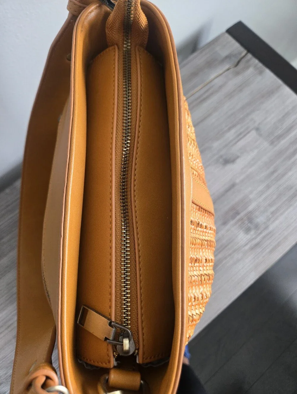 Urban Originals Woven Faux Leather Bucket Shoulder Bag Tan Brown Boho